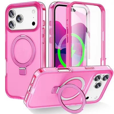 Produktbild von Für Apple iPhone 17 Pro Frosted Skin Feel MagSafe Ring Halterung 360-Grad Hülle Pink