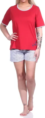 Image de Pyjama shorty pour femme, style marin, à manches courtes et rayures - 123 205 10 151 ; rouge, taille 48-50