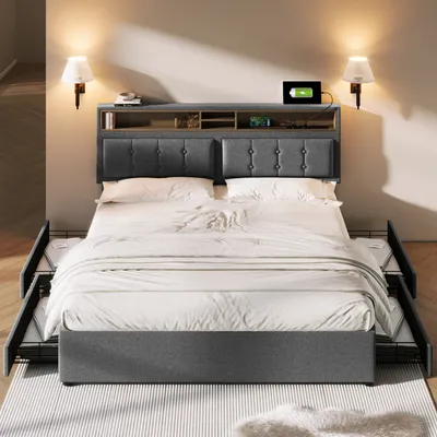 Produktbild von Flieks Polsterbett 160x200cm mit USB und Steckdosen, Jugendbett Doppelbett mit 4 Schubladen, Stauraumbett Massivholzbett mit Lattenrost, Leinen, Grau