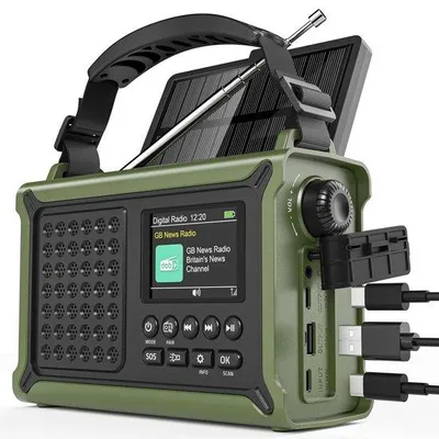 Obrázok produktu pre Prenosné solárne rádio Unyqoos® s batériou 12000 mAh, s podporou DAB/FM, Bluetooth 5.0, monokryštalickým solárnym panelom, 57 mm širokopásmovým reproduktorom a LED svietidlom