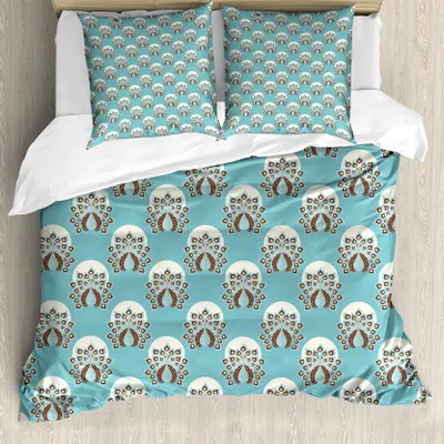Produktbild von ABAKUHAUS Pfau Bettbezug Set für Einzelbetten, Bohemian exotische Vogel-Motiv, Milbensicher Allergiker geeignet mit Kissenbezug, 155 cm x 220 cm - 80 x 80 cm, Blassblau Elfenbein Rotbraun