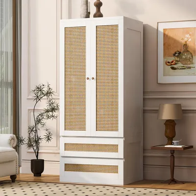 Immagine prodotto di Armadio bianco okwish con 2 cassetti e ripiani, mobile contenitore con ampio spazio di stoccaggio, design a doppia porta, stile rattan