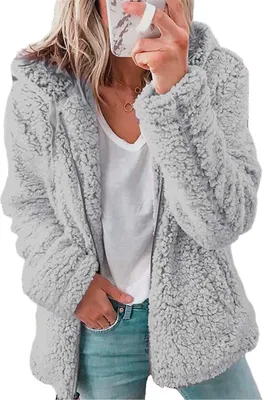 Produktbild von ASKSA Damen-Sweatshirt Flauschige Sherpa-Fleece-Jacke mit Reißverschluss Langärmelig,  Hellgrau, M