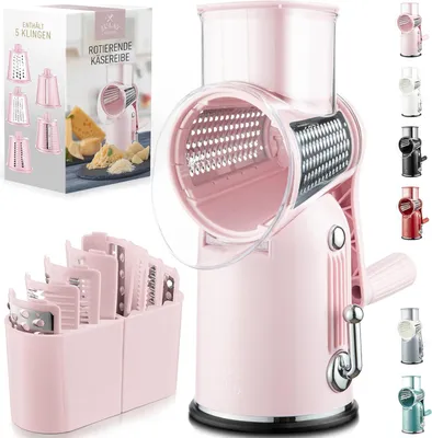 Produktbild von 5-in-1 Käsereibe mit Kurbel Edelstahl Gemüsereibe mit Saugfuß, Trommelreibe für Käse Gemüse Nüsse, Parmesanreibe, spülmaschinengeeignet Küchenreibe