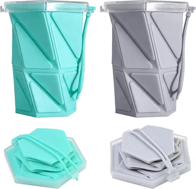 Productafbeelding van Opvouwbare siliconen drinkbekers, 2 stuks, 260 ml, met plastic deksel, geschikt voor outdoor activiteiten