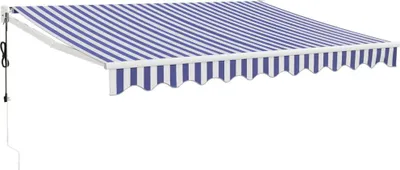 A retractable awning with blue and white stripes, mounted on a white background.