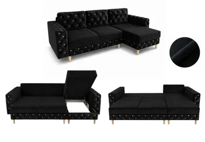 Zdjęcie produktu dla Narożnik DELUX sofa narożna w kształcie L z funkcją spania 140x200 czarna – pojemnik na pościel, wolnostojąca nowoczesna sofa do salonu