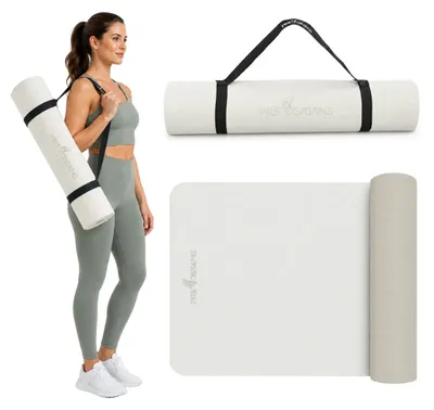 Obrázek produktu pro Jógová podložka sportovní podložka 183x61x0,6 cm lehká a protiskluzová fitness podložka z TPE pěny gymnastická podložka s popruhem na přenášení béžová