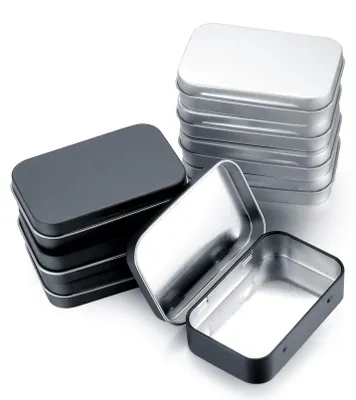 8 rechteckige Blechdosen mit Deckel, Schwarz+Silber, 95x60x21 mm