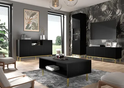 Zdjęcie produktu dla Szafka pod TV RAVENNA szer. 200 cm 4D rama BLACK MATT / CZARNY MATT lowboard z metalowymi nogami Podstawa stojąca Szafka pod TV Modern Loft Szafka pod TV Sideboard Stolik HiFi Złota lub czarna metalowa rama Nogi z frezowanymi frontami