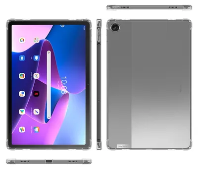 Multiple views of a transparent tablet case on a white background.