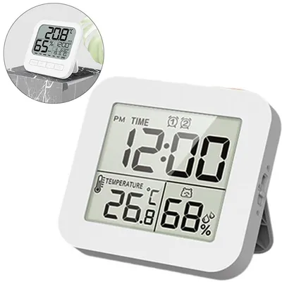 Produktbild von Digitales Thermometer/Hygrometer,Temperatur Luftfeuchtigkeit Messgerät, mit Uhr und Timer, 12/24h, Countdown,2 Alarmzeiten, Weiß