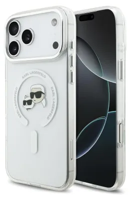 A transparent phone case with Karl Lagerfeld branding and graphics is shown on a white background, next to a smartphone.