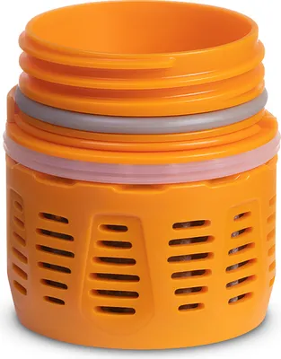 A close-up studio shot of an orange water filter cartridge.