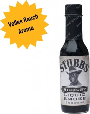 A bottle of Stubbs Hickory Liquid Smoke is shown against a white background, with a yellow starburst overlay in the upper left corner.