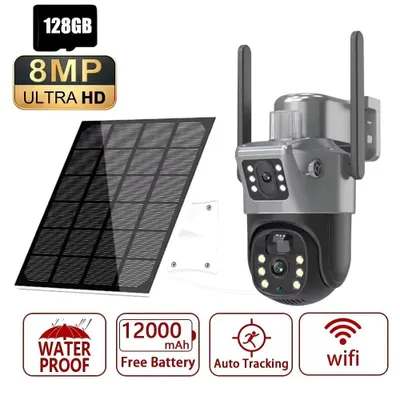 Image de Caméra de surveillance solaire - Caméra IP PTZ Wi-Fi 4K 8MP - Double objectif, rotation à 270° - Détection de personnes par PIR, suivi - Étanchité IP66, pour extérieur - Inclut une carte TF/microSD de 128 Go - Prise EU