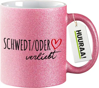 Produktbild von Huuraa Glitzertasse Schwedt Oder verliebt 330ml Pink Keramik Kaffeebecher Geschenkidee
