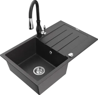 Produktbild von Mexen Bruno 1 Becken-Granitspüle mit Abtropffläche und Mischbatterie Savita, Schwarz gesprenkelt - 6513-76-672601-70