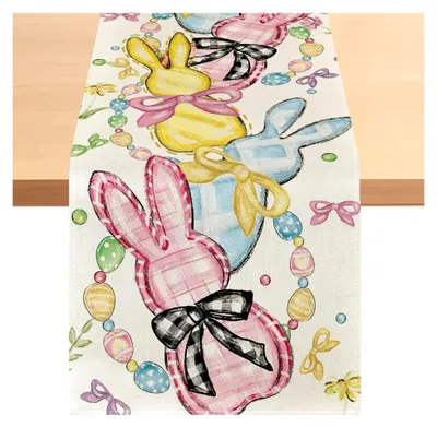 Produktbild von Oster Tischläufer 33x183 cm mit bunten Hasen und Ostereiern, moderne Tischdekoration für Küche und Esszimmer, Frühlingsdeko für Feiertage und Familienessen