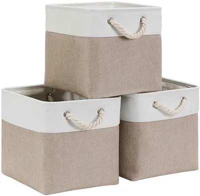 Produktbild von Stoff Aufbewahrungsbox 25x25x25 cm Faltbar Helles Khaki Weiß 3er Set