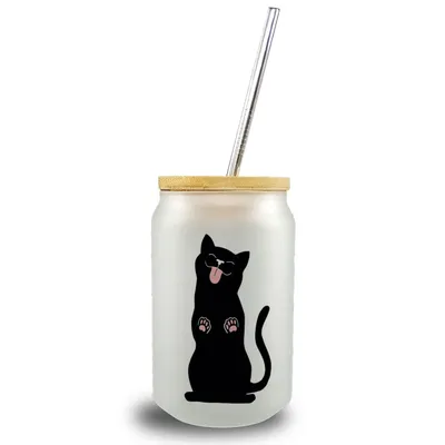 Produktbild von Schwarze Katze Trinkglas mit Bambusdeckel