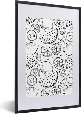 Produktbild von MuchoWow® Gerahmtes Poster Obst - Muster - Schwarz - Weiß 40x60 cm - Poster mit Schwarzem Bilderrahmen Wandposter Rahmen Foto Bilder - Poster in Rahmen