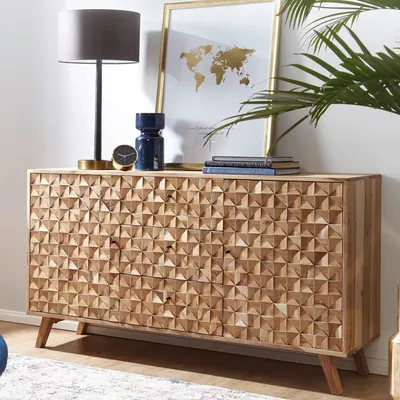 Image de FineBuy Sideboard Acacia massif 140 cm 2 portes & 3 tiroirs - Commode rétro massive avec façade design - Buffet naturel - Handdustrial