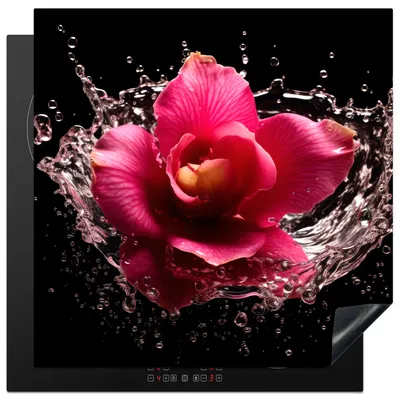Produktbild von KitchenYeah© Herdabdeckplatte Blumen - Rosa - Wasser - Schwarz - Botanisch - Natur , 78x78cm, Küche Deko, Glaskeramikkochfeld Herdabdeckung, Abdeckplatte fùr Kochfeld