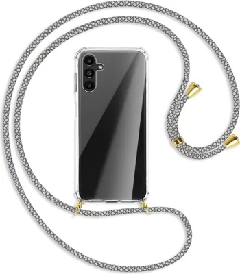 Produktbild von Handykette Backcover-Schutzhülle mit Band (Metall goldfarben) für Samsung Galaxy A13 5G - weiß/grau kariert