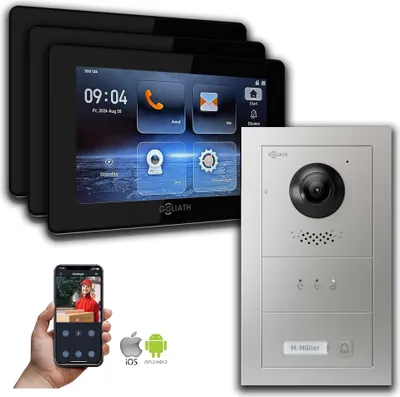 Image de Interphone vidéo Goliath IP avec caméra pour maison individuelle Avis : 3 Écrans : 7 pouces Noir : Argent : Boîtier encastré Nombre d'écrans : 3 Couleur des écrans : 7 pouces Noir Montage : Boîtier encastré Couleur de la sonnette : Argent