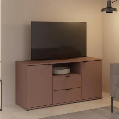 Produktbild von Forte GANYMEDE TV-Schrank 130, minimalistisches Lowboard, 2-türig, 2 Schubladen, offenes Fach, Holzwerkstoff, Wohnzimmer, Terrakotta, 129,8 cm breit x 63,1 cm hoch x 41,3 cm tief