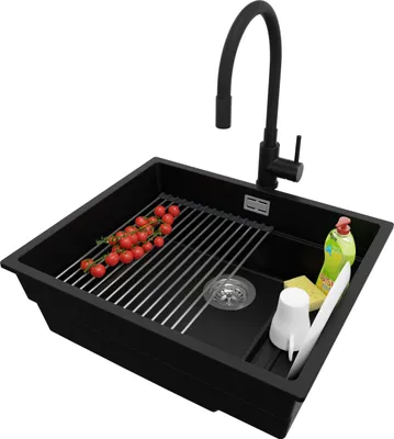 Produktbild von PRIMAGRAN Granitspüle Schwarz 56x47cm, Spülbecken 1 Becken + Ablauf-Set + Küchenzubehörset, Küchenspüle ab 60er Unterschrank - Praga Slim