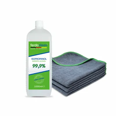 Produktbild von ferdoclean Isopropanol 99,9% 1L Isopropylalkohol (IPA) 2-Propanol + 3 x Microfasertücher 380GSM 40 x 40 cm grüner Rand