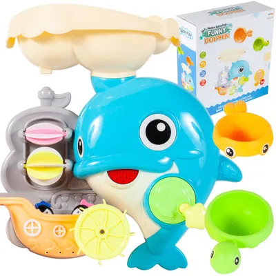 Immagine prodotto di MalPlay delfino giocattolo da bagno | blu | motivo animale | giocattolo da bagno con stazione d'acqua | cascata con doccia d'acqua | giocattolo per bambini dai 18 mesi di età