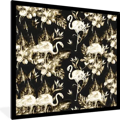 Produktbild von MuchoWow® MuchoWow® Gerahmtes Poster Flamingo - Blumen - Gold - Muster 40x40 cm - Poster mit zchwarzem Bilderrahmen - Mit Rahmen - Wanddekoration Schlafzimmer
