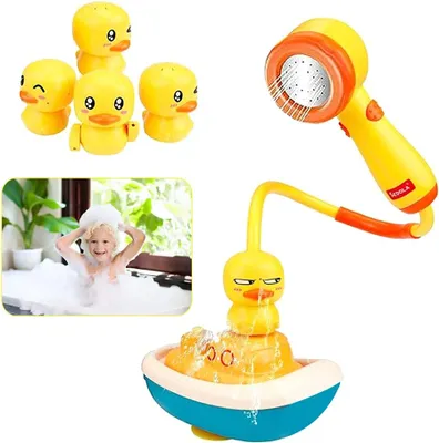 Produktbild von Baby badespielzeug wasserspielzeug mit Duschkopf, Elektrische Sprinkler spielzeug, drehbarem Boot und 3 Arten von sich drehenden Schiffsenten, Sehr starker Saugnäpfe ​für kleinkinder ab 1 jahr