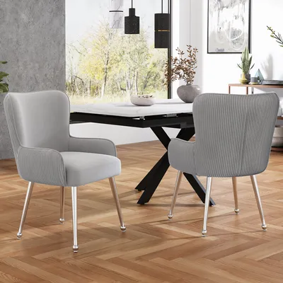 Two dining chairs are placed around a dining table in a modern dining room setting.
