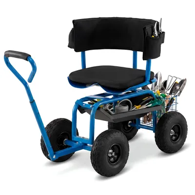Immagine prodotto di Carrello da giardino COSTWAY fino a 135 kg, seduta da giardino mobile con sedile girevole, manico estensibile, ripiano, cestino, borsa porta attrezzi e cuscino per la seduta, ruotabile a 360°, regolabile in altezza