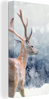 Produktbild von MuchoWow® - Leinwandbilder - Winter - Hirsche - Tiere, Wandbild, Wanddeko Bilder Wohnzimmer, 40x80 cm