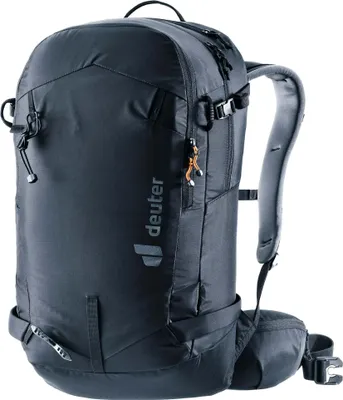 A black Deuter backpack is shown from the front-left.