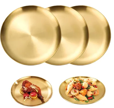 3 runde Edelstahl-Teller, gold, 23 cm, für Steak, Salat, Dessert
