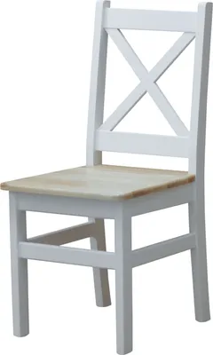 A white wooden chair with a light wood seat, shown against a white background.