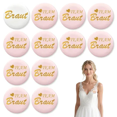 Produktbild von JGA Buttons - 12 Stück Team Braut Anstecknadeln - Für Hochzeitsfeiern und Junggesellinnenabschiede - Weiß/Roségold Ø 45 mm