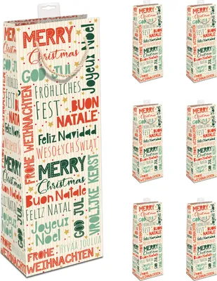 Produktbild von GREENLINE Geschenktaschen für Flaschen 6 Stück Weihnachten Flaschentüten edle Zuckerrohrpapier Geschenktüten 100% Baumfrei für Wein Sekt Beutel mit Baumwollkordel & Namenskarte (Merry Christmas)