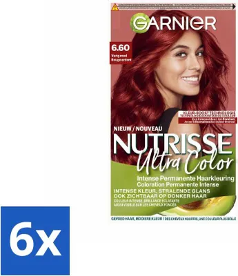 Imagen del producto de Garnier – Nutrisse Ultra Color 6.60 – Tinte para el cabello – Rojo intenso – Acondicionador – Coloración permanente – Pack ahorro – 6 unidades