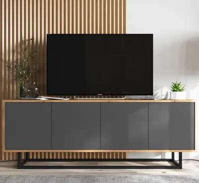 Produktbild von TV-Schrank TV-Lowboard Apollo 2 Loft Style Viertürig Modern  Lindner Möbel  150cm x 53cm x 35cm  Farbe: Wotan Eiche matt - graphit matt