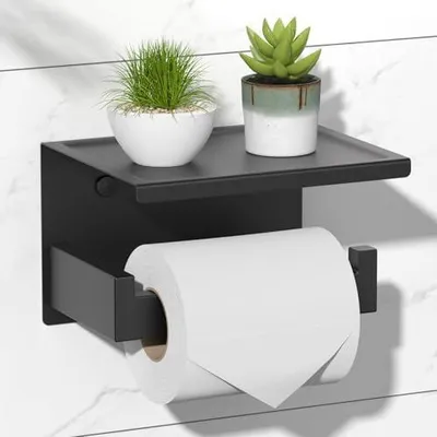 Produktbild von Toilettenpapierhalter Ohne Bohren, Selbstklebend Klopapierhalter mit Ablage, Edelstahl Klorollenhalter Wandmontage, Wc Papier Halterung Rollenhalter mit Kleber fš¹r Badzimmer Schwarz