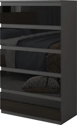 A chest of drawers with a high-gloss black finish.