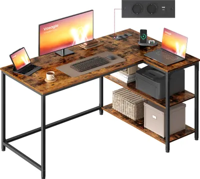 Produktbild von VASAGLE Schreibtisch mit Stauraum, L-Form Computertisch, höhenverstellbare Ablage, Büro, mit Ladestation, 120 x 80 cm, braun