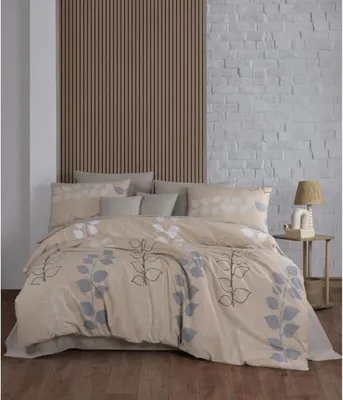 Imagen del producto de Juego de sábanas, 220 x 240 cm, 100% algodón reforzado, color beige, gris y blanco, incluye 2 fundas de almohada de 60 x 60 cm